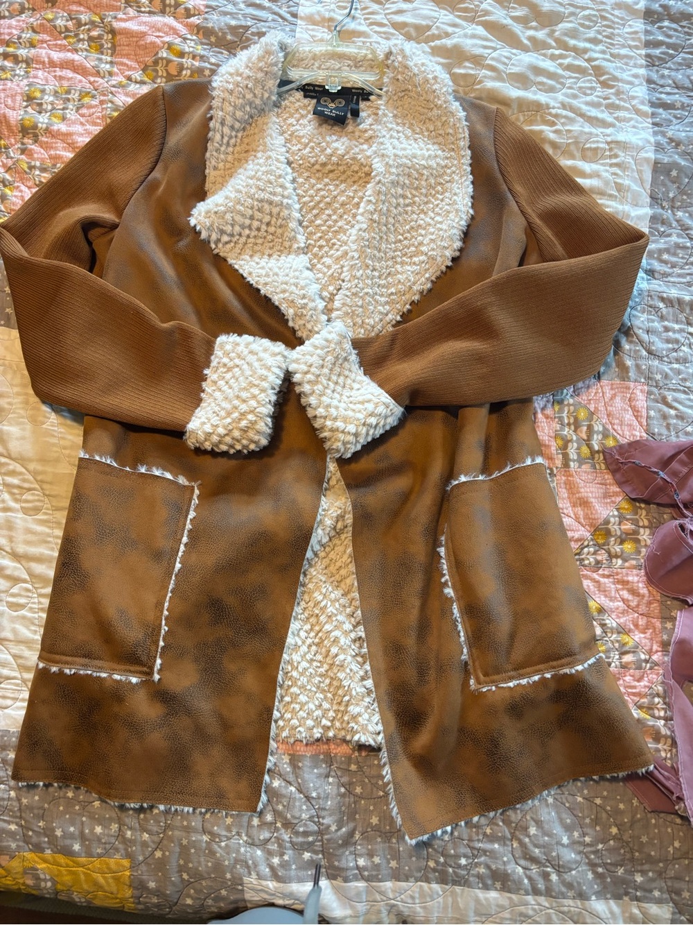 Wooly Bully Faux Shearling Trim Brown Open Front Coatigan